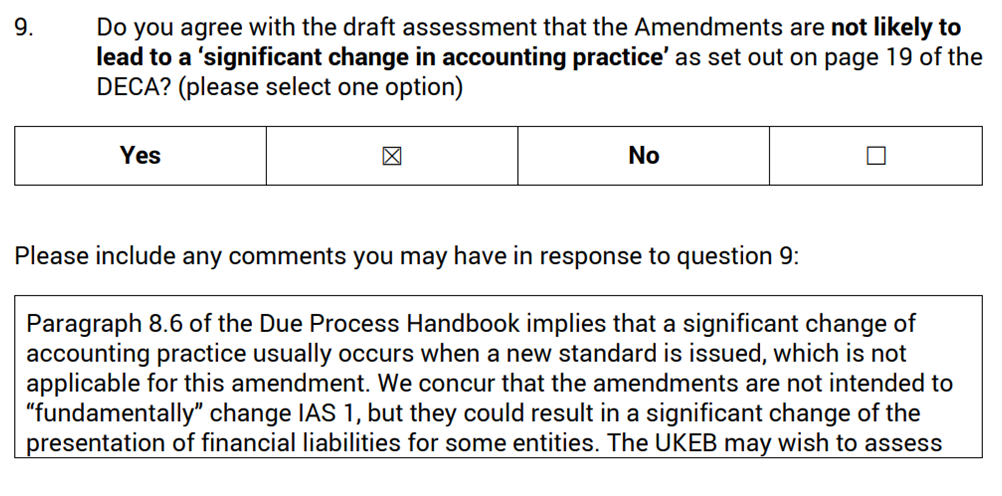 Assessment question regarding 'significant change in accounting practice', with 'No' selected and accompanying comments.