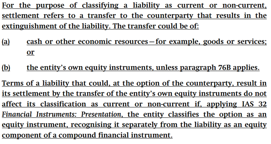 Text from a financial document defining 'settlement' for liability classification, including types of transfers and equity instruments.