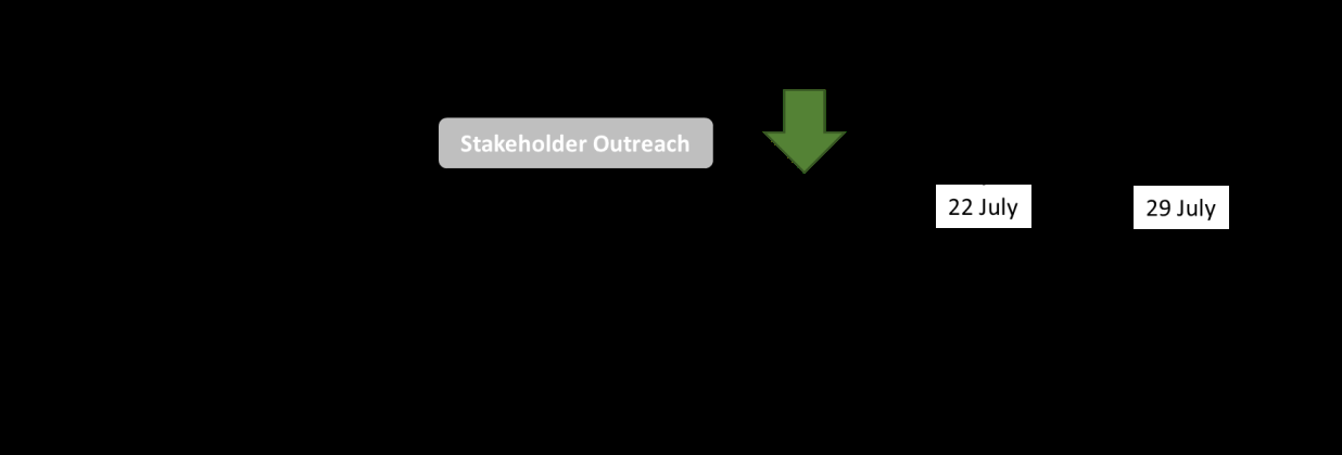 Diagram showing "Stakeholder Outreach" followed by a green arrow and dates "22 July" and "29 July", suggesting a timeline or process.