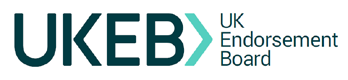 Logo for UKEB, the UK Endorsement Board, displaying "UKEB" in large dark teal letters with a teal arrow, and "UK Endorsement Board" in smaller text.