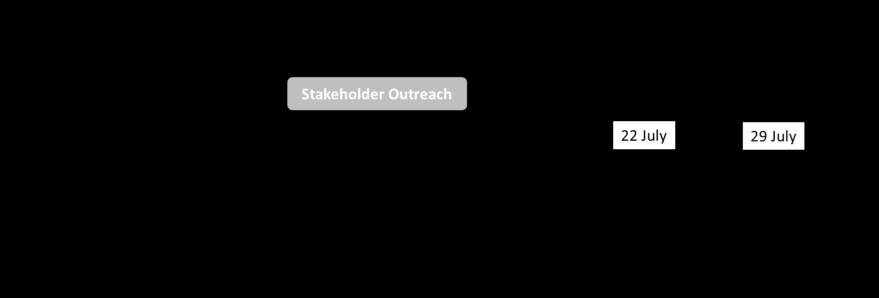 Diagram segment showing 'Stakeholder Outreach' followed by dates '22 July' and '29 July.'