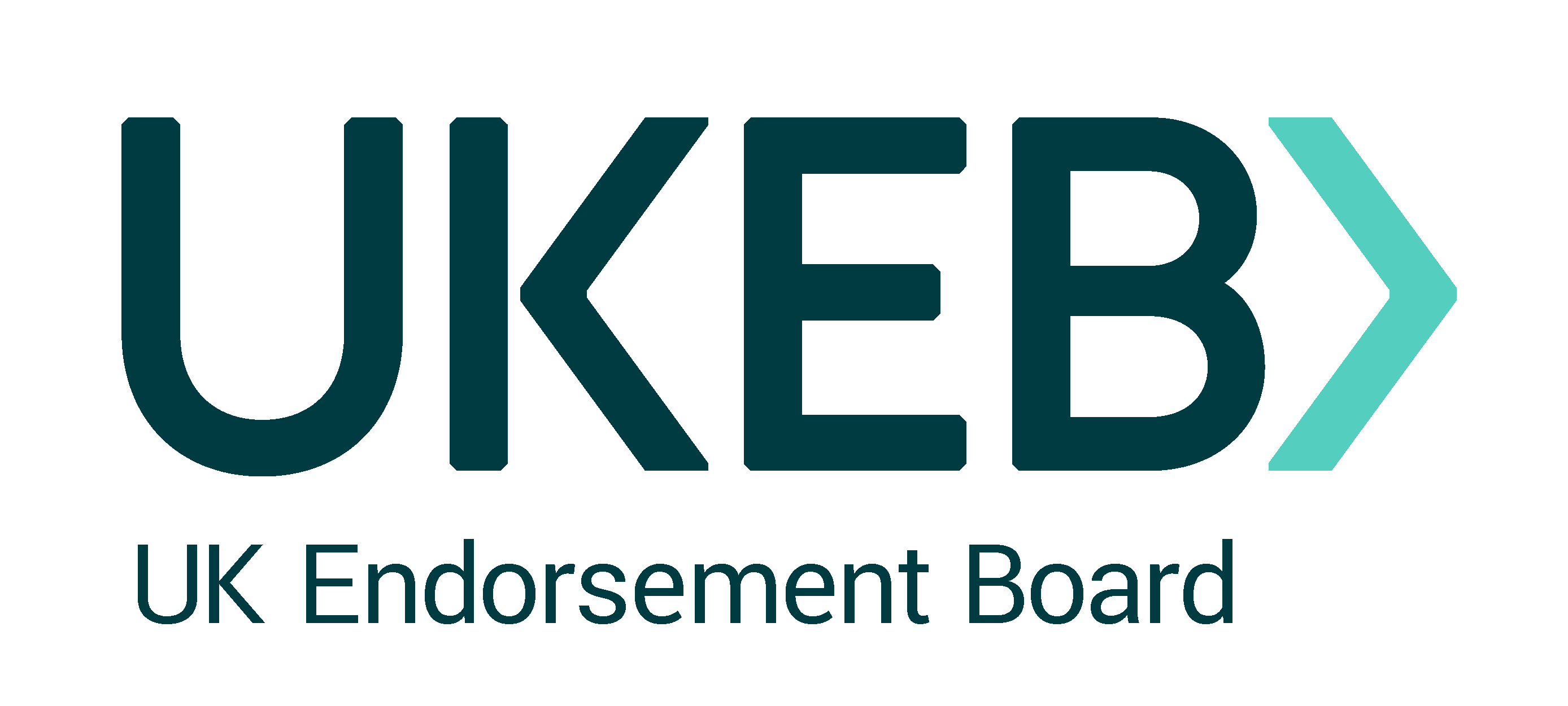 Logo for the UK Endorsement Board, featuring the acronym UKEB in dark teal with a light teal chevron and the full organization name below.