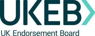 Logo of the UK Endorsement Board (UKEB), with the acronym UKEB in dark teal text and a teal arrow-like symbol.