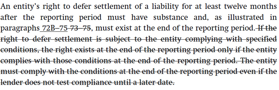 Text from a financial document discussing an entity's right to defer liability settlement, including substance and compliance conditions.