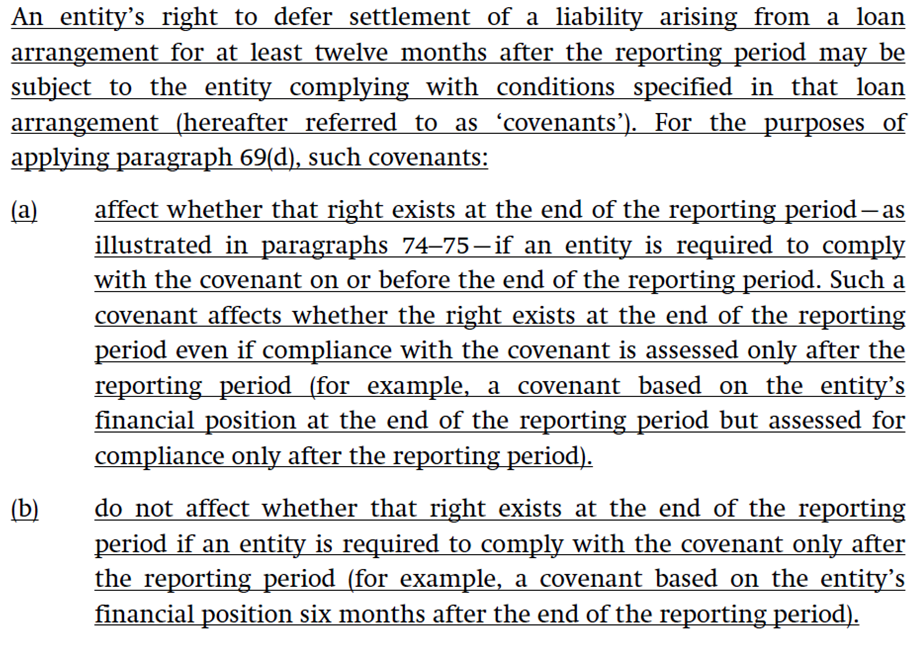 Text from a financial document explaining how loan arrangement covenants affect an entity's right to defer liability settlement.