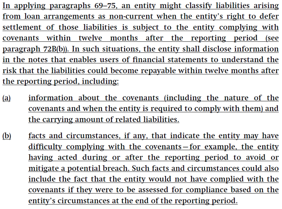 Text from a financial document explaining non-current liability classification with covenants and related disclosure requirements.