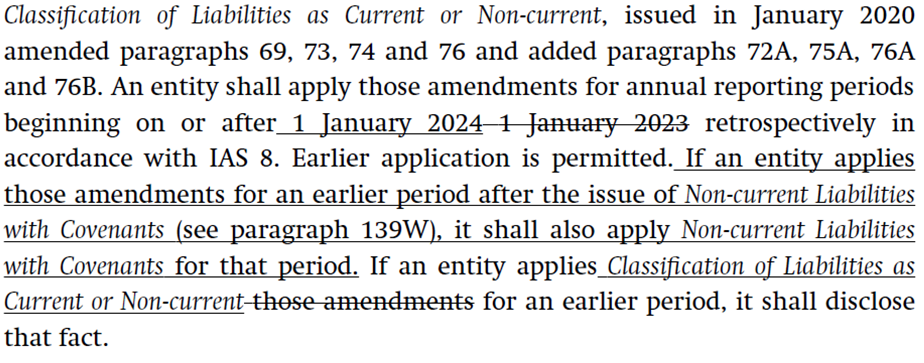 Text excerpt from a financial document detailing amendments to liability classification standards, including revised paragraphs and application dates.