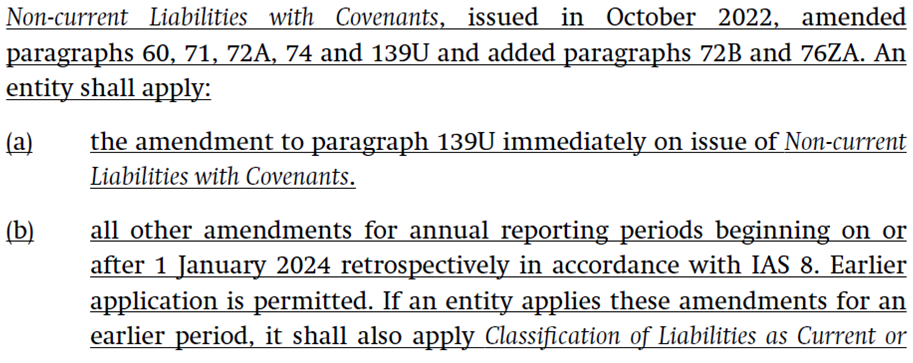 Text excerpt from a financial document detailing amendments to "Non-current Liabilities with Covenants", including revised paragraphs and application rules.