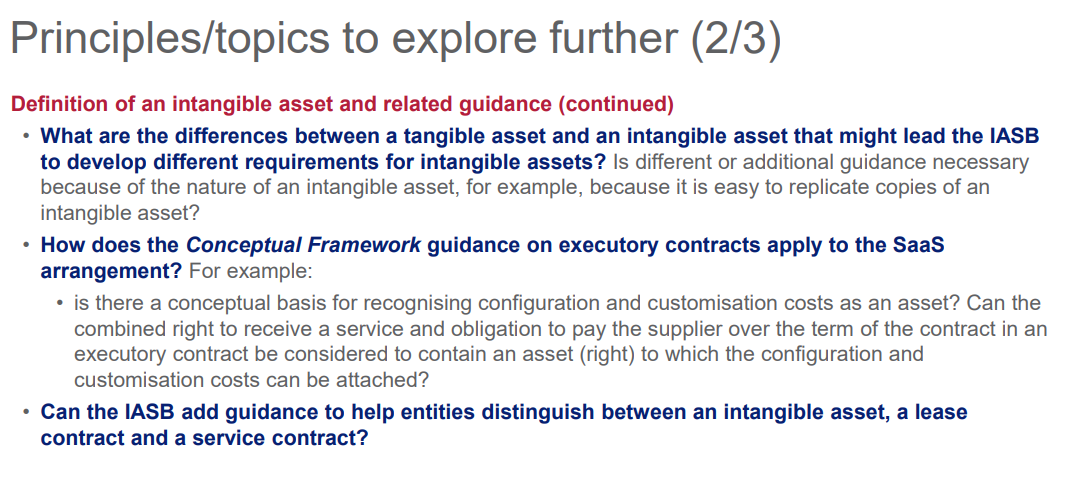 Screenshot of text discussing "Principles/topics to explore further (2/3)" regarding intangible assets, covering differences, conceptual frameworks, and classification.