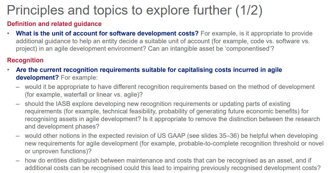 Screenshot of document text titled 'Principles and topics to explore further (1/2)', discussing questions on software development cost recognition and guidance.