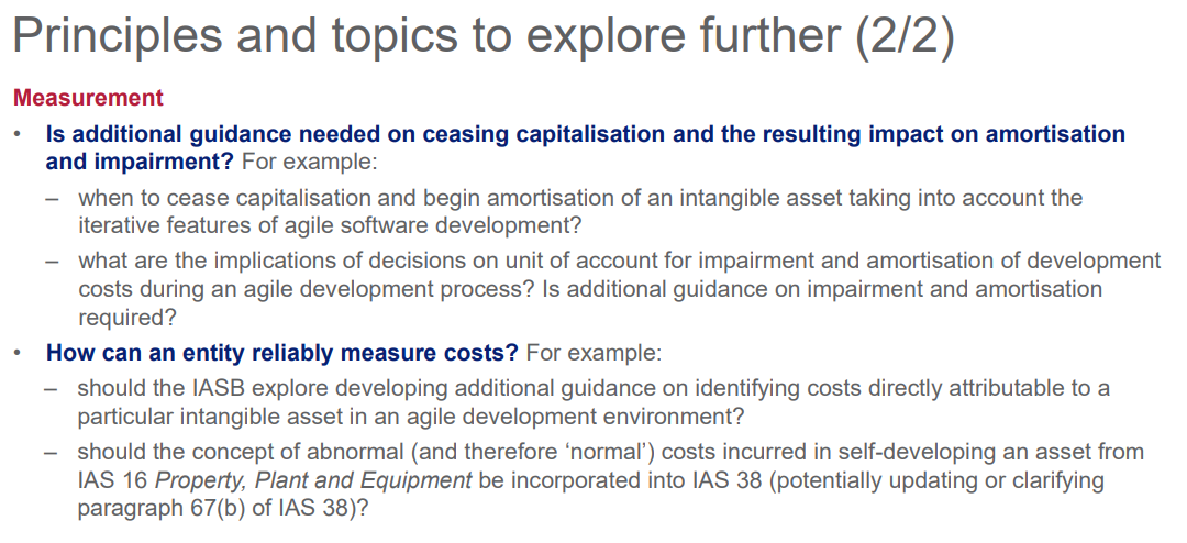 Screenshot of document text titled 'Principles and topics to explore further (2/2)', discussing questions on measurement of software development costs.
