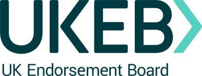 Logo for UKEB, the UK Endorsement Board, in dark teal text with a distinct arrow-shaped 'B'.