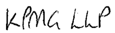 Handwritten text spelling out the company name 'KPMG LLP.'