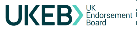 Logo for UKEB, the UK Endorsement Board, with dark teal letters and a lighter teal arrow symbol.