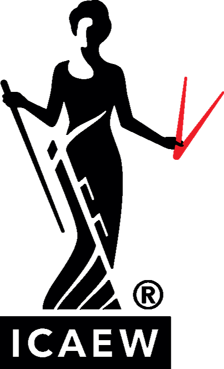 ICAEW logo featuring a black silhouette of a woman holding a staff and red arrow-like shapes, with the organization's name 'ICAEW' below.