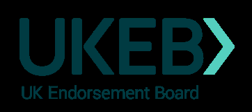 Logo for UKEB UK Endorsement Board, with stylized text and an arrow shape.