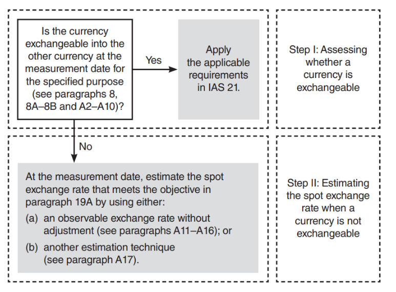 Flowchart detailing the process for assessing currency exchangeability and estimating spot exchange rates, referencing IAS 21 and specific paragraphs for observable rates or other estimation techniques.