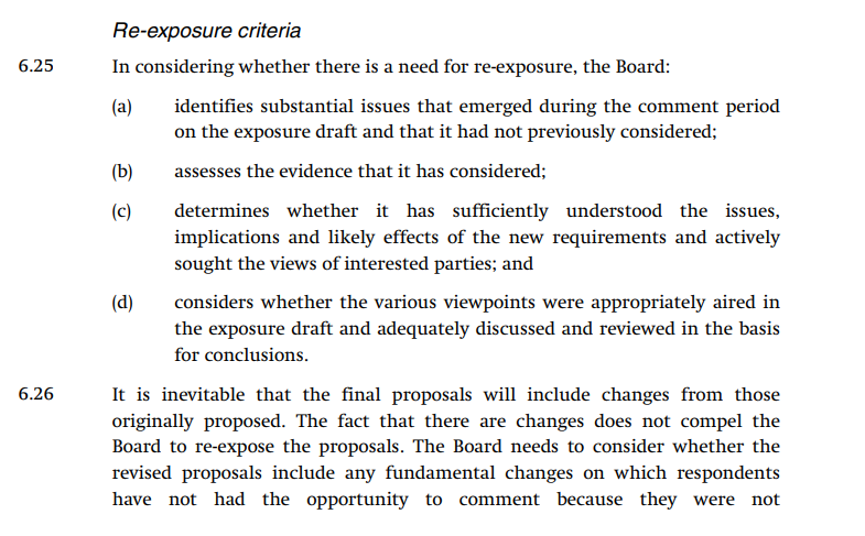 Screenshot of text outlining re-exposure criteria for The Board, detailing considerations for assessing issues and proposals.