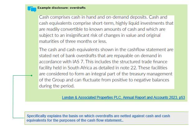 Example financial disclosure explaining how cash, cash equivalents, and bank overdrafts are defined and netted according to IAS 7, along with an explanation of the netting basis.