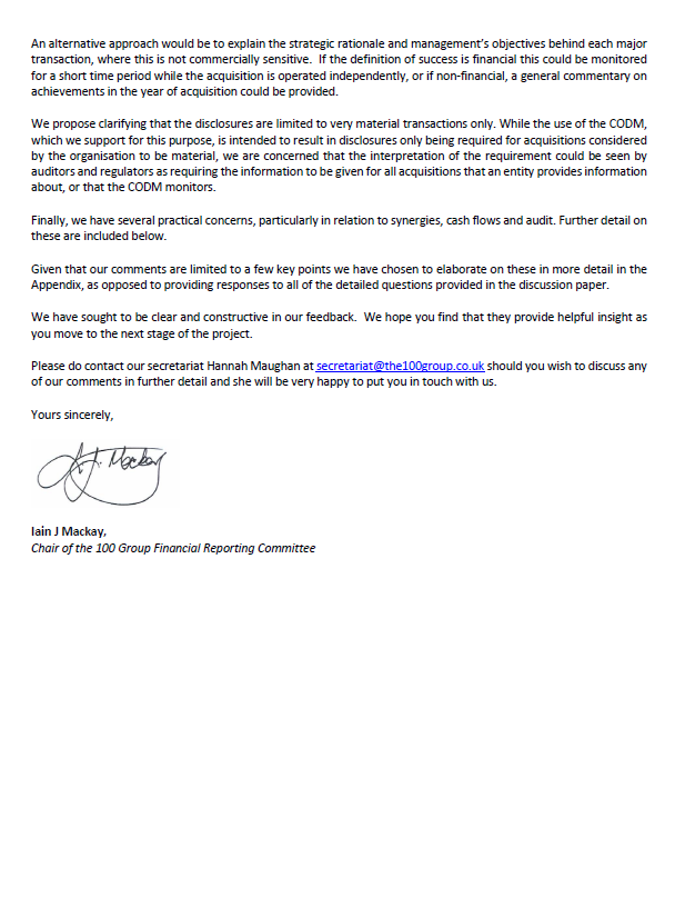 Handwritten signature of Iain J Mackay, Chair of The 100 Group Financial Reporting Committee.