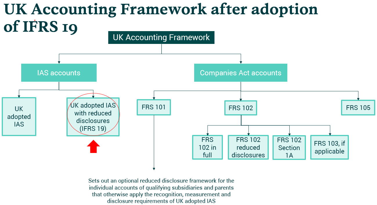 Flowchart titled "UK Accounting Framework after adoption of IFRS I9," showing how IAS accounts and Companies Act accounts branch into various accounting standards.