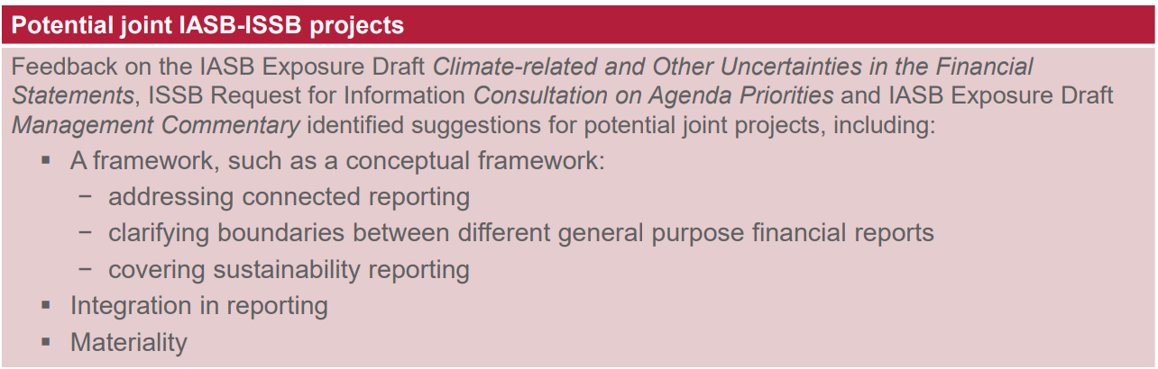 List of potential joint IASB-ISSB projects, including framework suggestions for connected reporting, clarifying financial report boundaries, sustainability reporting, integration in reporting, and materiality