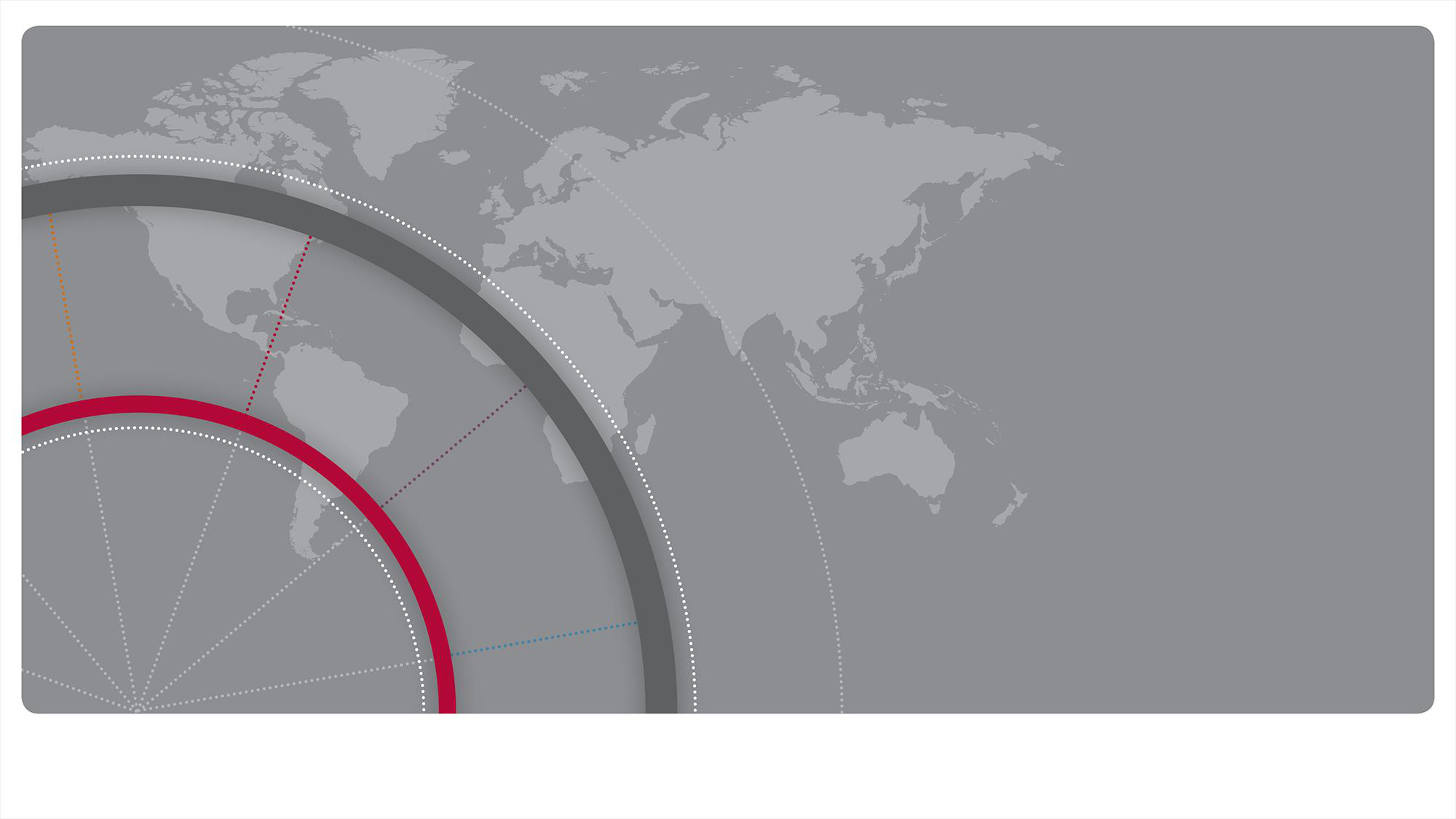 Stylized world map on a grey background with abstract red and grey circular graphic elements.