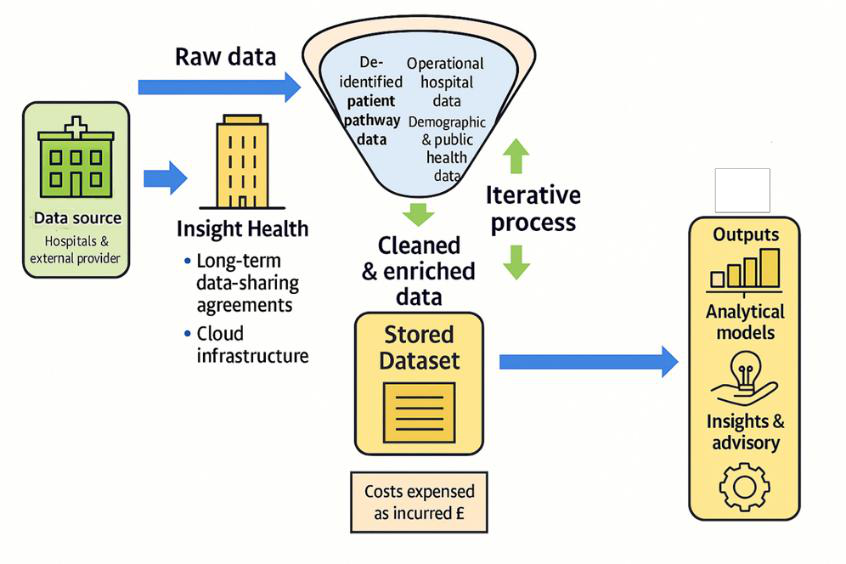 Process flow diagram illustrating data pipeline from raw sources (hospitals and external providers) through cleansing and enrichment to a stored dataset, resulting in analytical models and insights.