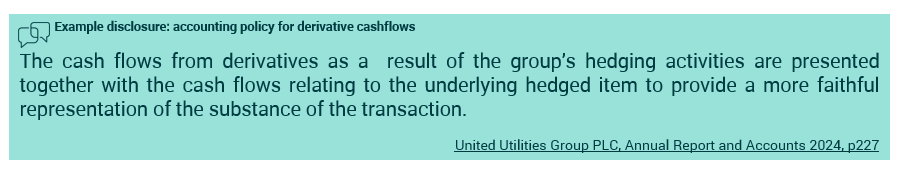 Text box detailing an example disclosure for accounting policy on derivative cashflows, explaining how they are presented with underlying hedged items.