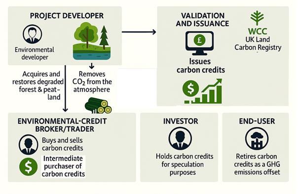 Diagram showing key participants in the carbon offset market, including project developers, brokers, investors, and end-users.