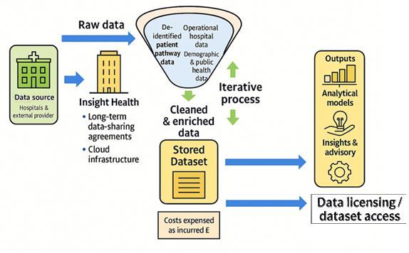 Diagram mapping the healthcare data lifecycle from raw data collection and cleaning to stored datasets and final analytical outputs.