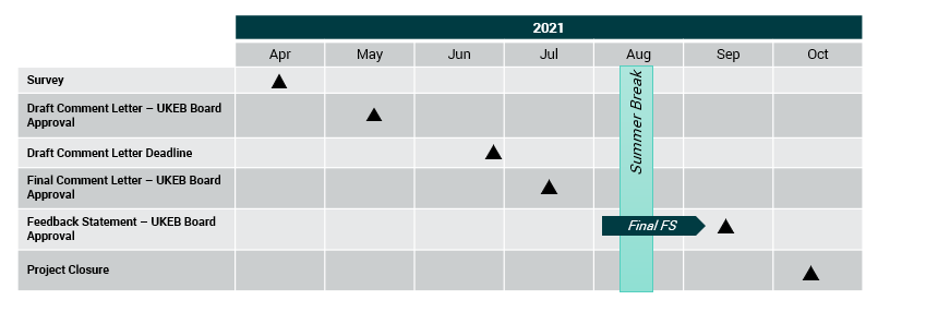 Project timeline for 2021, from April to October, detailing milestones for Survey, Draft and Final Comment Letter approvals, Feedback Statement approval, and Project Closure. Includes a Summer Break in August.
