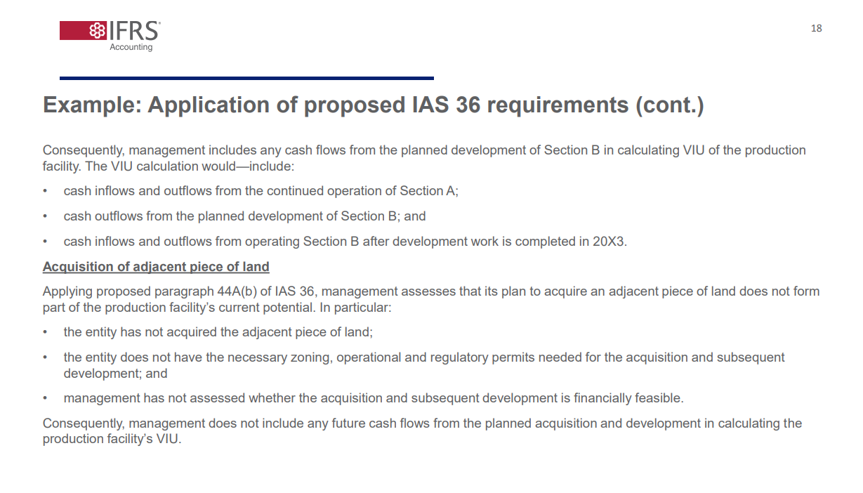 Page from an IFRS Accounting document discussing the application of proposed IAS 36 requirements and the acquisition of an adjacent piece of land.