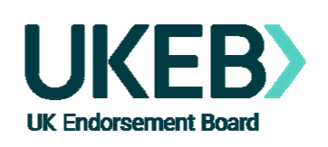 Logo for the UK Endorsement Board, featuring the acronym UKEB in dark teal with a lighter teal arrow shape forming the right side of the 'B'.