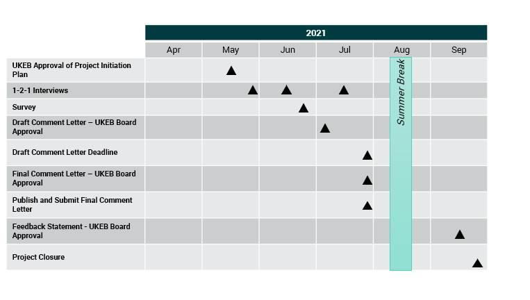 Project timeline for 2021 showing tasks such as interviews, surveys, and comment letter approvals from April to September, including a summer break.