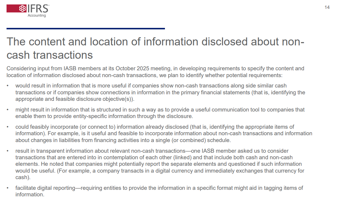 Page titled 'The content and location of information disclosed about non-cash transactions', outlining potential requirements with bullet points.