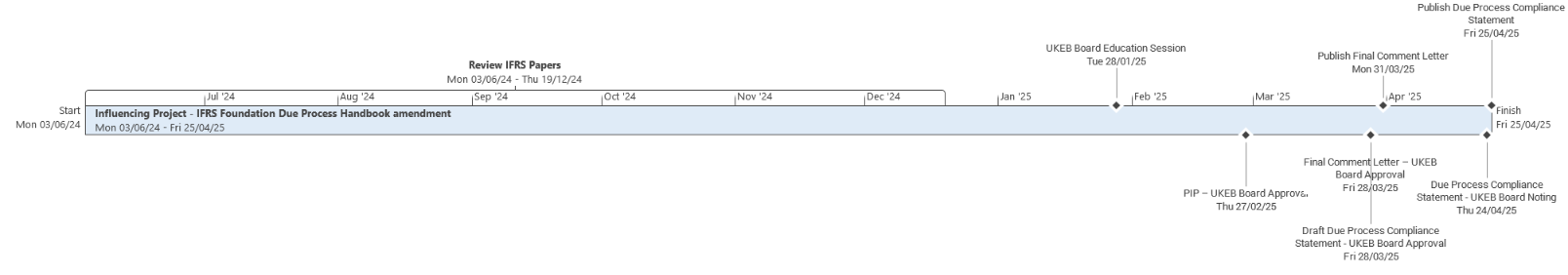 Project timeline showing key milestones and deadlines for the IFRS Foundation Due Process Handbook amendment project from June 2024 to April 2025.