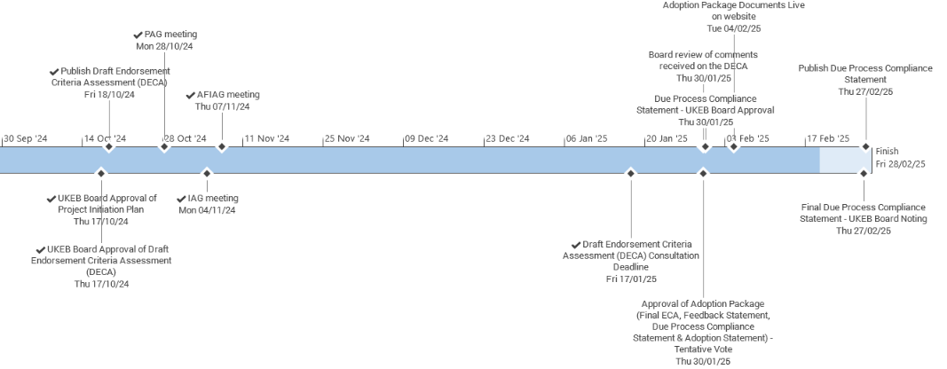 Timeline showing key project milestones and dates from September 2024 to February 2025, including meetings, approvals, and publication deadlines.