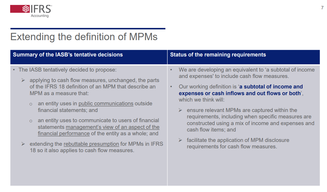 Slide titled 'Extending disclosure requirements of MPMs', summarizing IASB tentative decisions and status of remaining requirements on cash flow sub-totals and reconciliation.