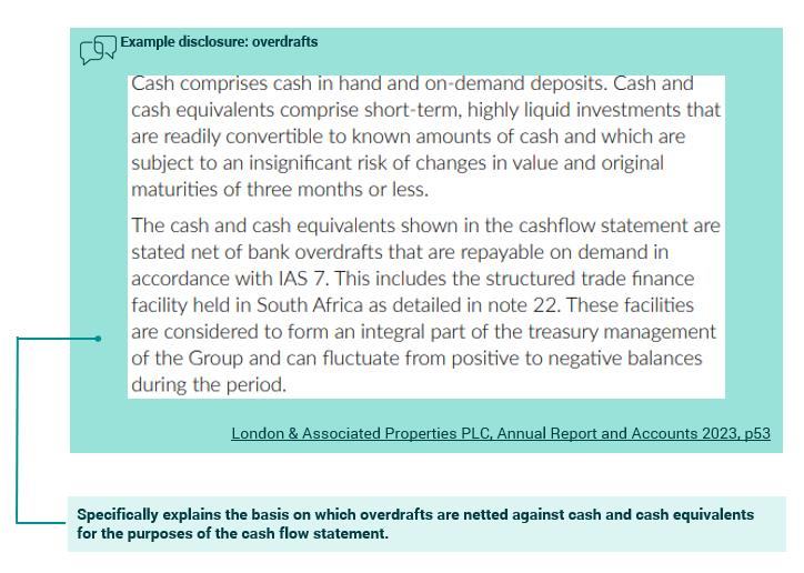 Screenshot explaining cash, cash equivalents, and the treatment of bank overdrafts in cash flow statements, referencing IAS 7.