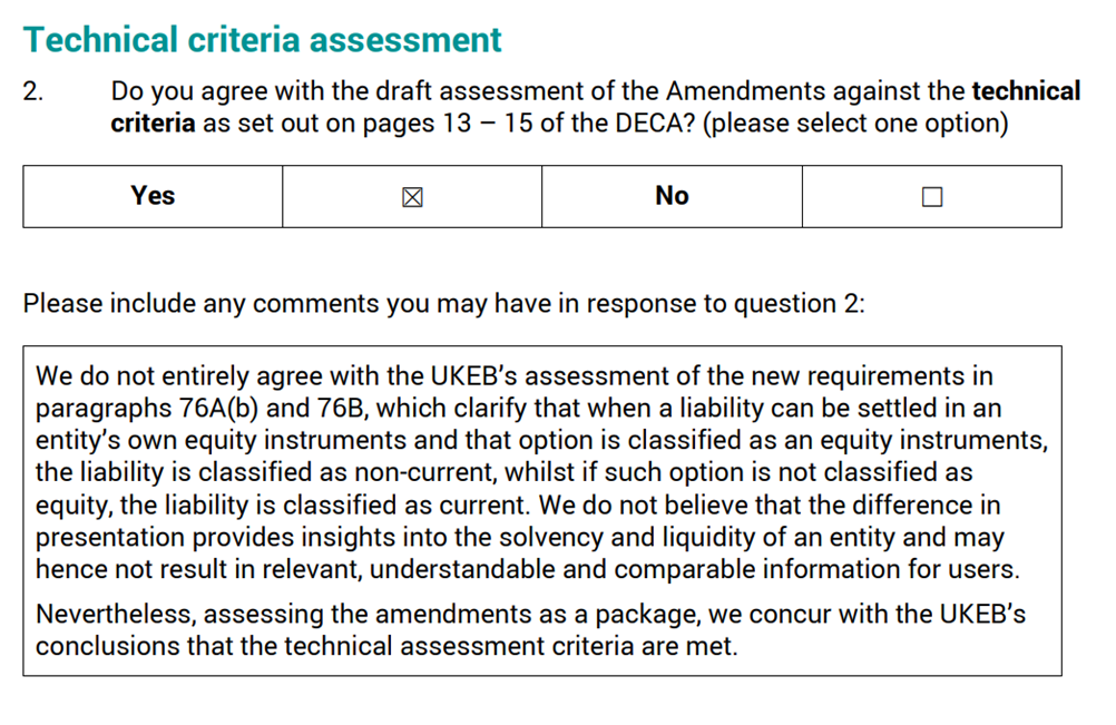 Assessment question regarding technical criteria, with 'No' selected and accompanying comments.