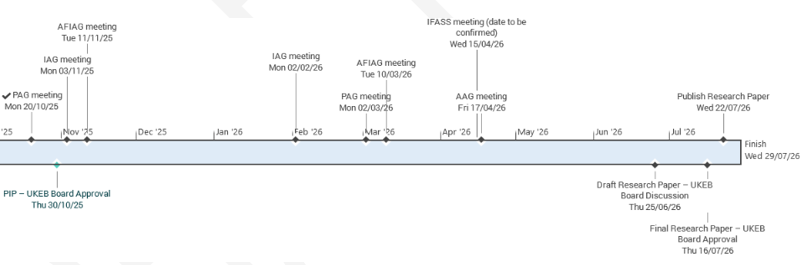 Timeline chart illustrating key project milestones, meetings, and approval stages for PIP and Research Paper from October 2025 to July 2026.