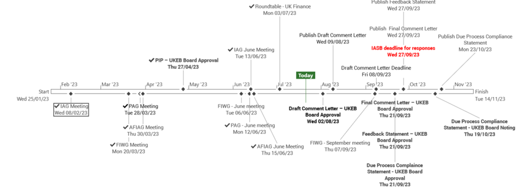 Timeline diagram showing UKEB's key activities, meetings, approvals, and deadlines from January to November 2023.
