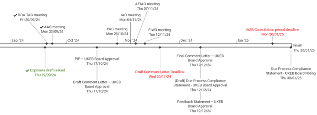 Project timeline from September 2024 to January 2025, detailing key events, meetings, draft approvals, and deadlines, including an IASB consultation period deadline and UKEB Board activities.