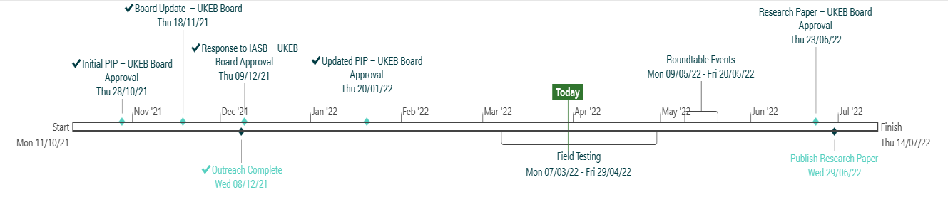 Project timeline showing key milestones, approval dates, research phases, and events from October 2021 to July 2022, with 'Today' marked in April 2022.