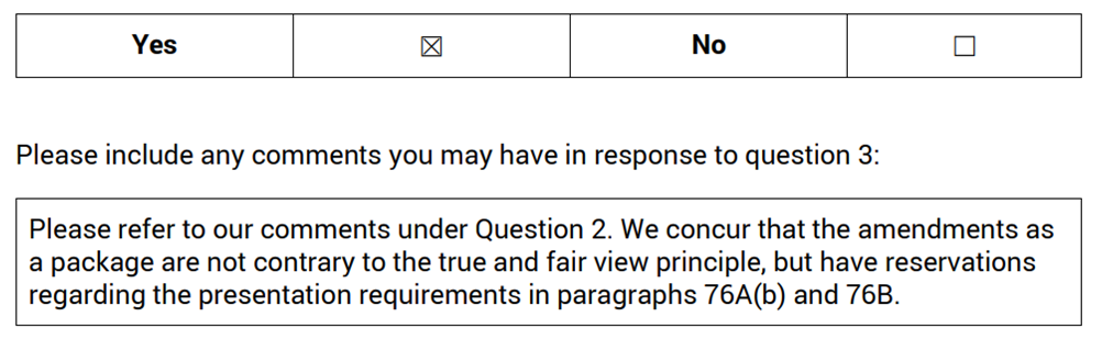 Assessment question regarding 'true and fair view', with 'No' selected and accompanying comments referencing question 2.