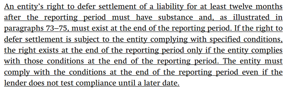 Text from a financial document discussing an entity's right to defer liability settlement and related conditions.