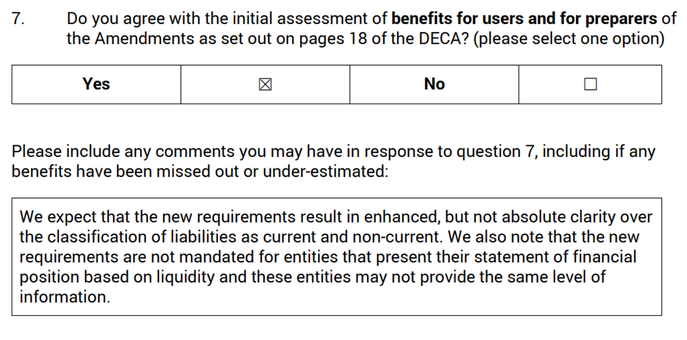 Assessment question regarding benefits for users and preparers, with 'No' selected and accompanying comments.