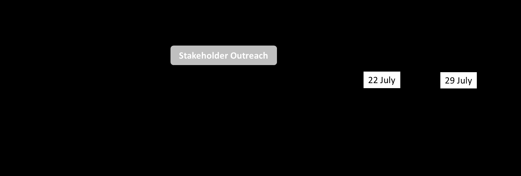 A diagram showing Stakeholder Outreach activity associated with dates 22 July and 29 July, likely part of a timeline or schedule.