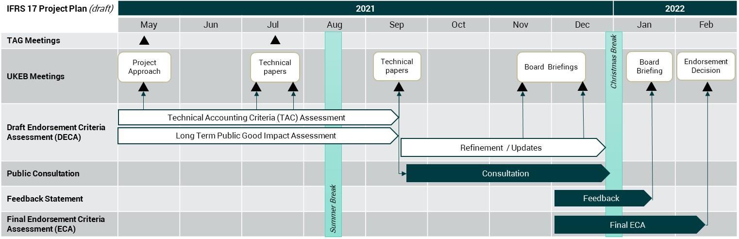 IFRS 17 draft project plan timeline showing key activities and deliverables, including meetings, assessments, public consultation, and endorsement decision, scheduled from May 2021 to February 2022.